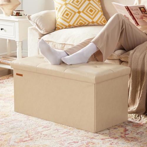 HAUSFRAU - Storage Ottoman Bench, 30 Inches Button Tufted Upholstered Ottoman Footstool with Storage for Living Room Bedroom Entryway, Load 660 lb, Synthetic Leather, Ivory - color: Ivory, size: 15"D x 30"W x 15"H