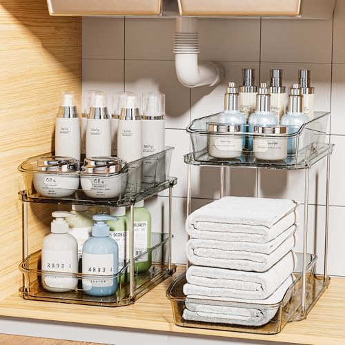 Delamu 2-Tier Under Sink Organizers and Storage, Multi-Purpose Stackable Bathroom Cabinet organizers, Pull Out Kitchen Pantry Organization and Storage with Dividers(2 Pack, Grey) - color: Grey, size: 2 Pack