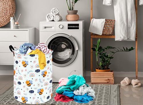 MAIZMZ Rainbow Bee Print Canvas Laundry Basket,Waterproof Storage Bin with Handles 15.7" D×19.7" H Foldable Toy Organizer Decor Gift Basket for Kids' Bedroom & Home Organization - color: Rainbow Bee