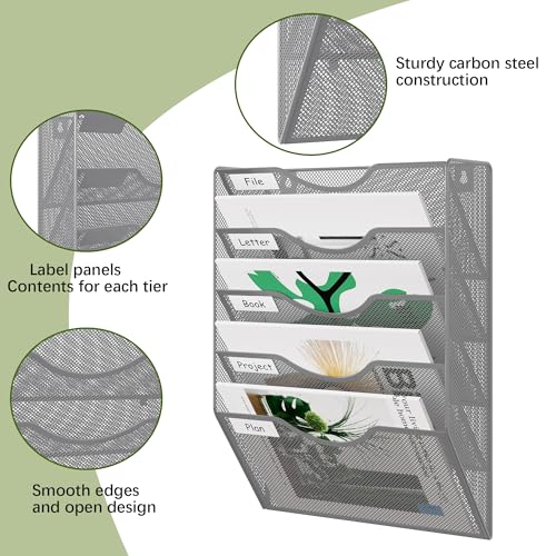 EasyPAG Wall File Organizer 5 Tier Hanging Paper Folder Holder, Zero Assembly Metal Mesh Wall Mounted Mail Organizer for Office Home Classroom Narrow Spaces, Silver - color: Silver, size: 5 Tier