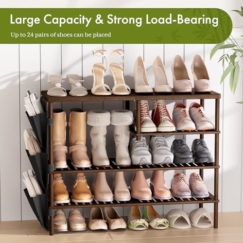 Bamboo Shoe Rack, 4 Tiers Shoe Organizer for Closet, Shoes Storage for 20-24 Pairs, Freestanding Shoe Shelf with Removable Pocket for Entryway Bedroom Front Door Dorm, Walnut Brown - color: Walnut Brown