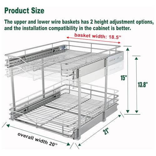 DINDON 2 Tier Pull Out Cabinet Organizer (20" W X 21" D), Double Tier Wire Basket Slide Out Shelf Storage for Kitchen Base Cabinet Organization for Kitchen, Pantry, Bathroom, Chrome - size: 20'' W X 21'' D