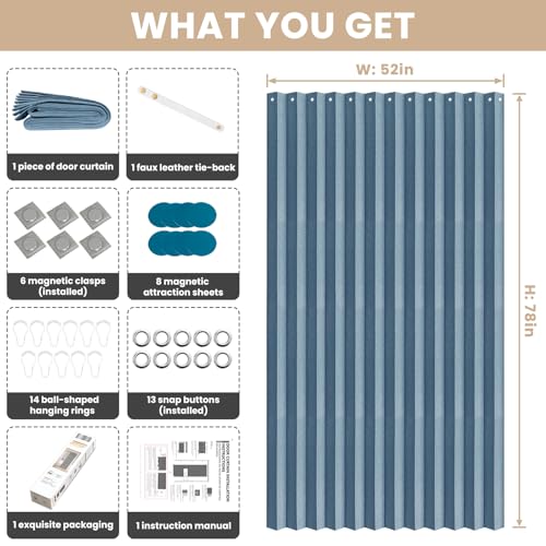 Jilron Accordian Door Curtain, 100% Blackout Folding Magnetic Doorway Curtains,Linen Style Closet Doors,for Room Divider,Privacy Protection（W52 x L78,Blue,1 Panel） - color: Blue, size: 52"W x 78"L (Pack of 1)