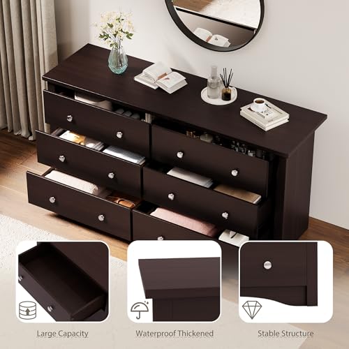 YESHOMY 6 Drawer Dresser for Bedroom, Wood Dresser, Chest of Drawers Storage Organizer, TV Stand for 55 inch TV, for Living Room, Hallway, Closet (Dark Brown) - color: Dark Brown