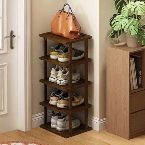 Vertical Shoe Rack - Tall Narrow Shoe Rack Organizer for Small Spaces,5 Tier Bamboo Shoen Shelf for Entryway,Closet,Corner,Doorway,Skinny Shoe Shelf Space Saving Shoe Storage,Free Stackable DIY - color: Brown, size: 5-tier