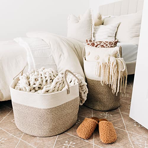 OrganiHaus Large Woven Storage Basket for Blankets and Toys 20" x 13" Inch, Rope Laundry Basket with Handles, Cushions & Pillows Storage Bin, Nursery Hamper, Soft Round Dog Toy Bin - Brown/Off-White - color: Brown / Off-White, size: Wide