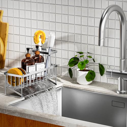Cisily Extra Large Silver Kitchen Sink Caddy Organzier with High Brush Holder, Sponge Holder for Sink, 304 Rustproof Stainless, Kitchen Countertop Soap Dispenser Organizer For Decor and Accessories - color: Silver, size: 10.62″