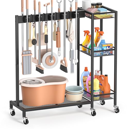 Broom Holder with Cleaning Supplies Organizer, Broom Closet Storage Cabinet with Cleaning Caddy, Cleaning Cart with Mop Hanger Gripper Rack Hooks,Janitorial Housekeeping cart,Laundry Room Organization - size: Large