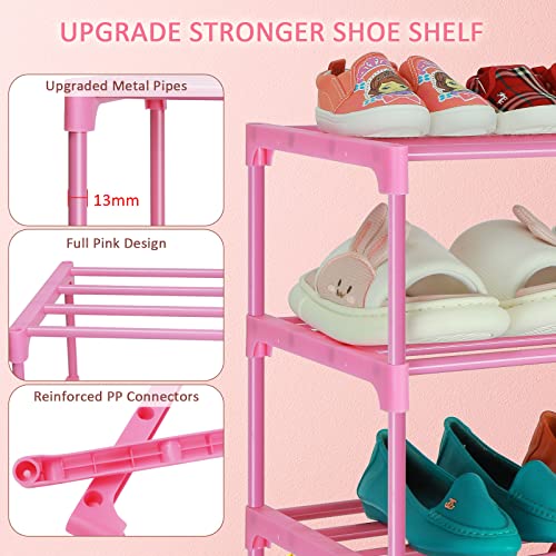 LNYZQUS Small Kids Shoe Rack, 4 Tier Pink Shoe Organizer Shoe Shelf for Closet,Stackable Narrow Shoe Stand Slim Zapateras Organizer,Cute Toddler Shoe Rack Floor for Women & Girls-Full Pink - color: Full Pink