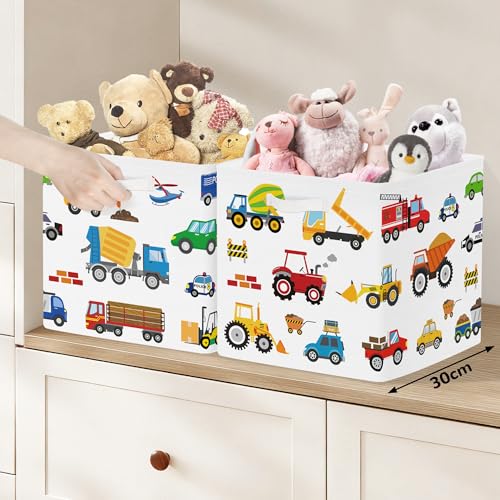 Clastyle Cars Storage Cube Organizer Set Handle Closet Clothes Cube with Metal Frame Foldable Parents Organizer Storage Basket for Book Toy,Cartoon Truck,11.8x11.8x11.8 in - color: Cartoon Truck, size: 11.8x11.8x11.8 in