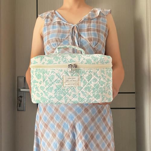 Green Large Quilted Floral Makeup Bag Cute Soft Coquette Aesthetic Cosmetic Bag Cotton Travel Toiletry Bag for Women - color: A-Green
