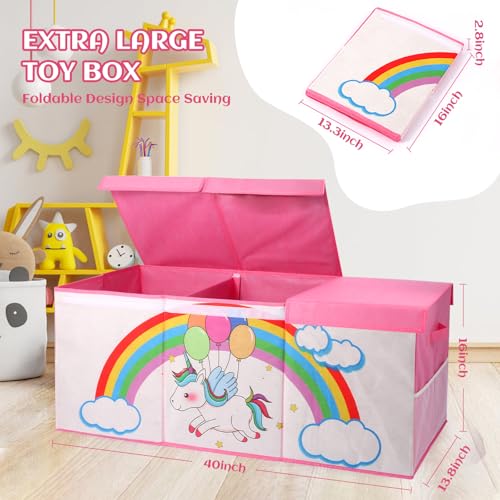 Extra Large Toy Box, Collapsible Storage Organizer with Lids, Sturdy Unicorn Toy Chest for Boys Girls, 40"x14"x16" Kids Storage Bin Box Baskets for Living Room, Playroom, Bedroom, Nursery - color: Pink