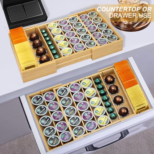 MinBoo Bamboo K Cup Holder for Drawer or Countertop Coffee Pod Holder Expandable K Cup Pod Storage Tea bag organizer K Cup Storage for Coffee Station Home Office and Kitchen - color: Natural