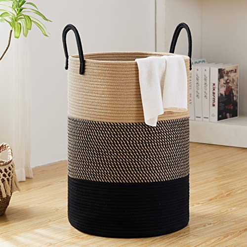 72L Large Woven Laundry Hamper by Fiona's magic, Tall Cotton Rope Storage Basket, Jute Baby Nursery Hamper for Blankets, Toys and Clothes in Bedroom and Living Room Organizing, Brown & Black - color: Brown & Black, size: Large(72L)