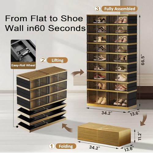 SYNCVIBE Foldable Shoe Rack Organizer - 9 Tiers 36 Pairs Shoe Shelf with Doors, Large Collapsible Shoe Cabinet, Folding Plastic Storage Boxes, Easy Assembly Shoe Storage Bins for Entryway, Black Gold - color: Black and Golden, size: 9 Tier 36 Pairs