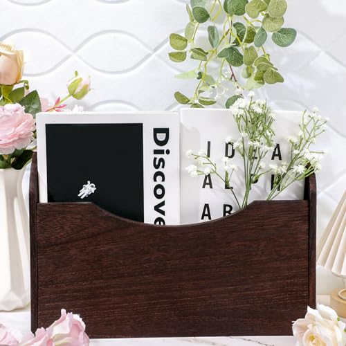 Suzile Wall Mounted File Holder Wood Magazine Holder Wall Hanging File Organizer for Office Mail Magazine Letter Paper Folder Organization (Brown)