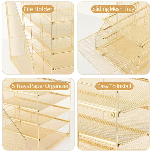 AUPSEN Desk Organizer with File Holder, 5 Trays Paper Letter Tray Organizer, Mesh Desk Organizers and Accessories for Home Office Supplies (Gold) - color: Gold 2