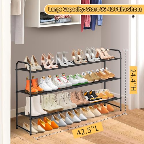 SLEEPING LAMB Long 3-Tier Shoe Organizer for Closet, Stackable Wide Shoe Rack Holds 24-Pairs Shoe Storage Shelf for Bedroom, Floor, Entryway (Black) - color: Black, size: 11.4 x 42.5 x 24.4