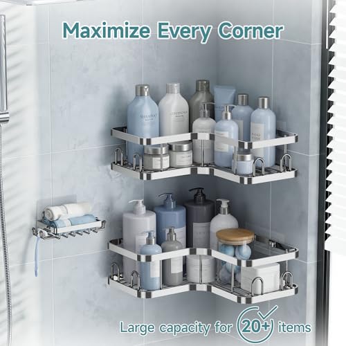 Veken Corner Adhesive Shower Caddy 3-Pack with Soap Holder&Hooks,No Drilling Shower Shelves,Rustproof & Waterproof Bathroom Organizers and Storage,Rack for Small Spaces, Kitchen&Rental-Friendly,Silver - color: Silver, size: 3-Piece Set(2 Large+1 Small)