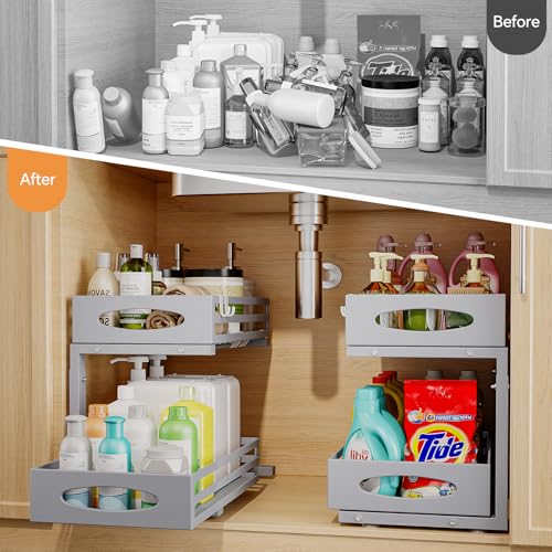 Under Sink Organizer, 2 Tier Under Sink Organizers and Storage, Adjustable Height, Slide out Metal Cabinet Organizers, Pull out Cabinet Storage Drawer Shelf for Kitchen Bathroom (Gray, 1 Pack) - color: Gray