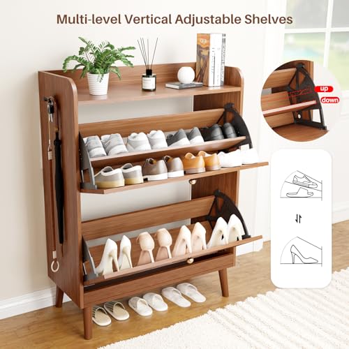 Shoe Storage Cabinet with 2 Flip Drawers, Entryway Shoe Cabinet with 2 Metal Hooks & Adjustable Shelves Freestanding Shoe Organizer Narrow Shoe Rack for Entrance Hallway Foyer Front Door,Walnut - color: Walnut