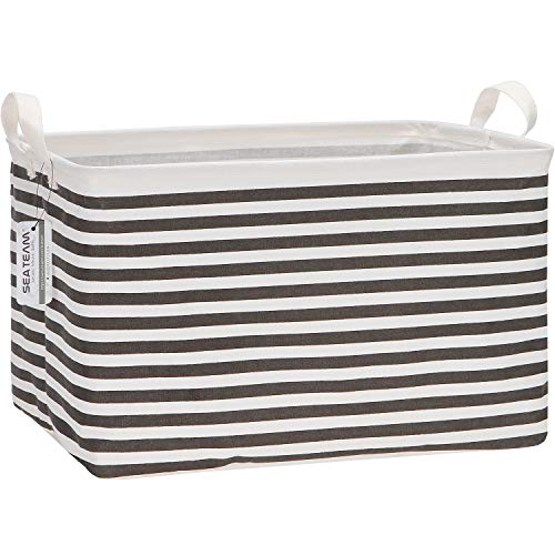 Sea Team Collapsible Canvas Fabric Storage Basket with Handles, Rectangle Waterproof Storage Bin, Box, Cube, Foldable Shelf Basket, Closet Organizer, 16.5 x 11.8 x 9.8 Inches, Black Stripe - color: Stripe/Black, size: 16.5 Inch (Pack of 1)