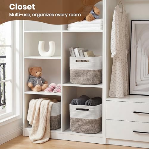 Storage Baskets for Organizing, 14 x 10 x 9” Closet Shelf Woven Baskets, Square Bins with Handles, Cotton Rope Basket for Toys, Clothes, Office, Room, White+Dark brown 1 Pack - color: White+Dark brown, size: 1pc