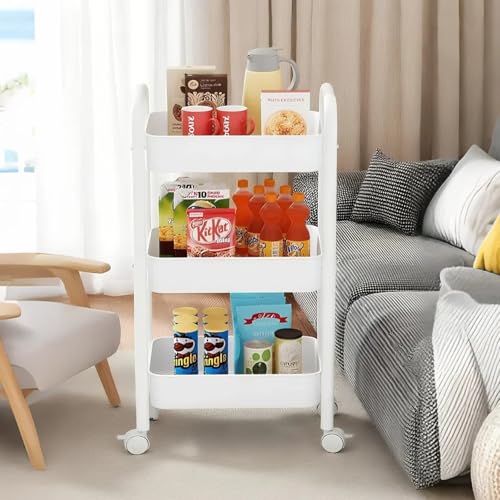 3 Tier Metal Rolling Cart, Heavy Duty Utility Storage Organizer with Lockable Wheels, Mobile Utility Cart for Livingroom, Bathroom, Kitchen, & Narrow Places, White