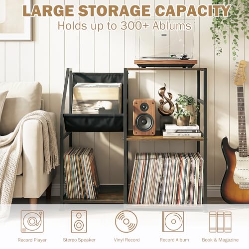 Uieke Record Player Stand with Vinyl Storage, 3-Tier Large Capacity Vinyl Record Storage Cabinet for 300+ Albums, Media Table with Vinyl Display Shelf & Turntable Stand for Living Room - size: 28.8"L x 11.9"W x 27.6"H