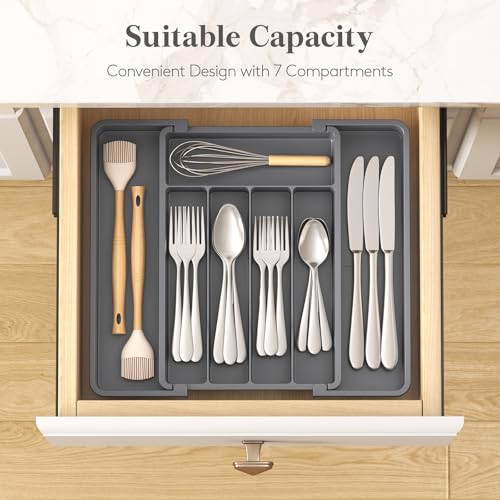 Lifewit Silverware Drawer Organizer, Expandable Utensil Tray for Kitchen, BPA Free Flatware and Cutlery Holder, Adjustable Plastic Storage for Spoons Forks Knives, 8.5-14 x 12", Dark Gray - color: Dark Gray, size: Medium (8.5-14''W x 12''D)