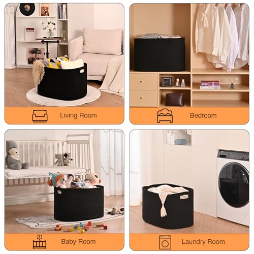 ICERZCZ Large Black Blanket Basket, Storage Baskets for Blankets, Woven Baskets for Storage, Woven Cotton Rope Basket for Toys, Clothes, Shoes, Books, Black, 25”x16”x16” (105L) - color: Black, size: 25”x16”x16”