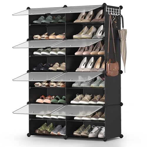 SONGMICS Shoe Rack Organizer, 8-Tier Shoe Storage Cabinet for Closet and Entryway, Holds 32 Pairs of Shoes, Adjustable, Ink Black and Trasparent ULPC034B01 - color: Ink Black + Trasparent, size: 8 Cubes