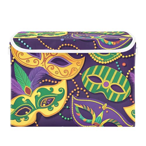 xigua Mardi Gras Mask Storage Bins with Lids and Carrying Handle,Foldable Storage Boxes Organizer Containers Baskets Cube with Cover for Home Bedroom Closet Office - color: Mardi Gras Mask