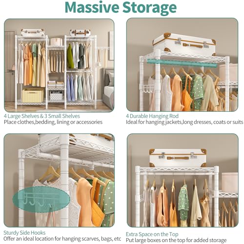 Heavy Duty Garment Rack, Portable Wardrobe Clothes Rack Freestanding Adjustable Clothing Rack with 7 Tiers Adjustable Wire Shelving and 4 Hanger Rods, Max Load 920LBS, White - color: White, size: B3: 5 Tiers with 4 Rods,72.4"L x 15.7"W x 76.8"H