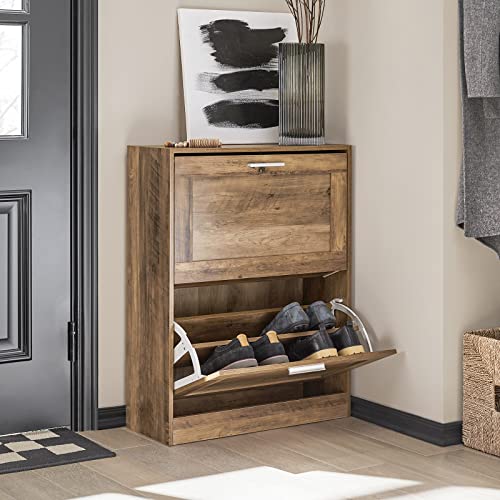 SoBuy Narrow Shoe Cabinet Entryway, Slim Shoe Rack 2 Flip-Drawers, Shoe Storage Cupboard for Hallway Brown FSR137-F - color: Natural, size: 2 Drawers