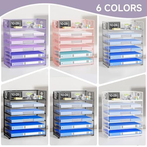 Purple Paper Organizer for Desk with Handle, 6-Tier Metal Mesh File Organizer | Stackable Desktop Organizer for Office Supplies & Stationery Storage - color: Purple, size: 12.6" x 9.1" x 13.5"