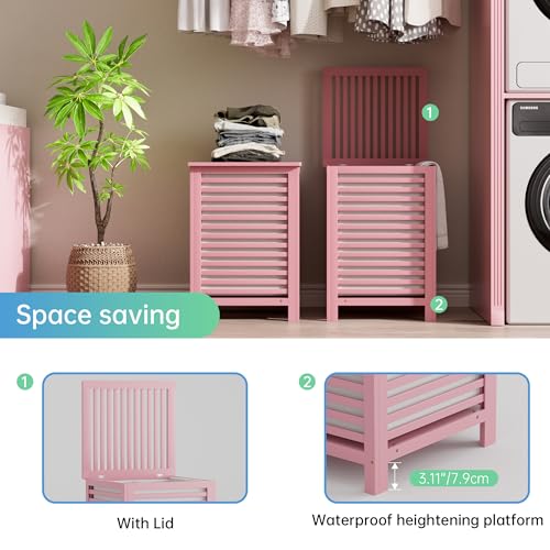 SMIBUY Double Laundry Hamper with Lid, 120L Bamboo Laundry Basket with Removable Liner Bag, 2-Section Clothes Divider Laundry Sorter for Laundry Room, Bathroom, Bedroom (Pink) - color: Pink