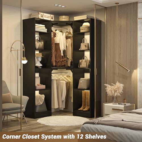 Besiost Corner Closet System with 12 Shelves, 39.2" Corner Closet Organizer System with 2 Hanging Rods, Versatile 6-Tier Walk-in Closets for Corner Space, Black (39.2" L x 39.2" W x 80" H) - color: Black, size: 39.2" - Without Lights