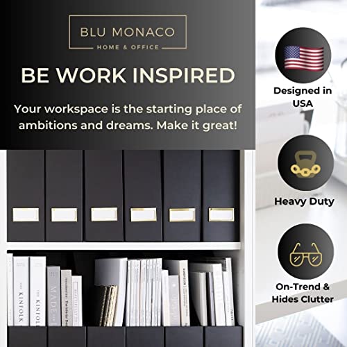BLU MONACO | Cardboard Magazine File Holder Set of 6 Black | Vertical Magazine File Holder with Gold Label Slots | Standing File Holder and Cardboard Bins for Shelves Desk Storage - color: Black & Gold