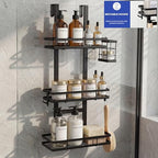 Over the Door Shower Caddy Hanging, Rustproof Shower Shelves with Waterproof Phone Pouch, 3-Tier Adjustable Bathroom Organizers and Storage, No Drilling Shower Shelf, Black Shampoo Soap Holder - size: 3 Tier