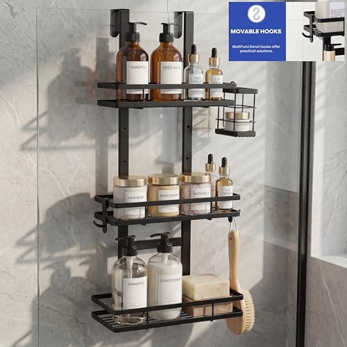 Over the Door Shower Caddy Hanging, Rustproof Shower Shelves with Waterproof Phone Pouch, 3-Tier Adjustable Bathroom Organizers and Storage, No Drilling Shower Shelf, Black Shampoo Soap Holder - size: 3 Tier