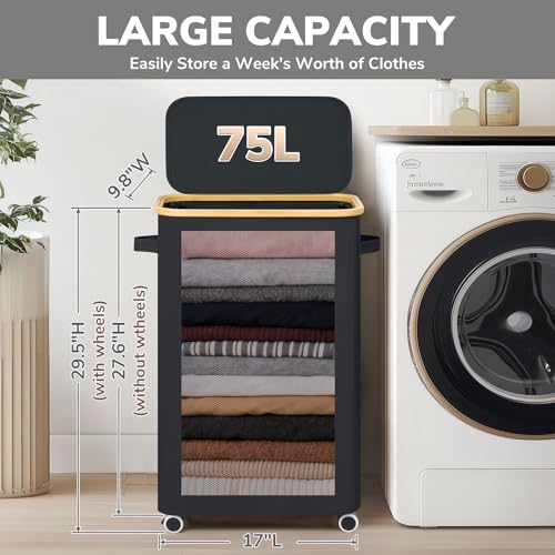 Goodpick Slim Laundry Basket with Wheels and Lid, 75L Rolling Laundry Hamper for Dorm Home Decor, Large Clothes Hamper with Bamboo Frame Removable Bag, Black, 17" x 9.8" x 29.5" - color: Black, size: 75L (17"L x 9.8"W x 29.5"H)