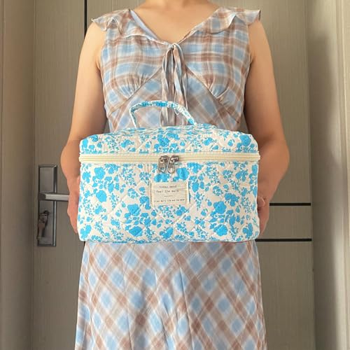 Lake Blue Large Quilted Floral Makeup Bag Cute Soft Coquette Aesthetic Cosmetic Bag Cotton Travel Toiletry Bag for Women - color: A-Lake Blue