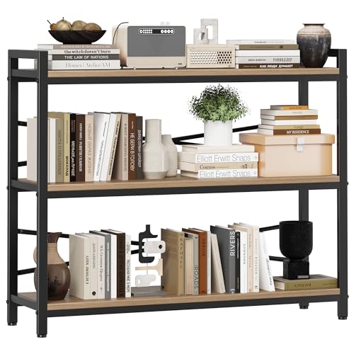 3 Tier Bookshelf 39.37" Width, Dorm Desk Hutch, Desk Shelf, Long Industrial Bookcase, Wooden Large Book Shelf for School Home Living Room Bedroom Office Storage(Light Coffee) - color: Light Coffe, size: 3 Tier - 39.4" W