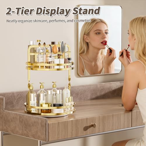 360° Rotating Makeup Organizer, 2-Tier Gold Perfume Organizer for Dresser, Bathroom Organizers Countertop, Perfume Shelf with Makeup Brush Holder, Skincare Holder Cosmetic Display(Gold) - color: Gold
