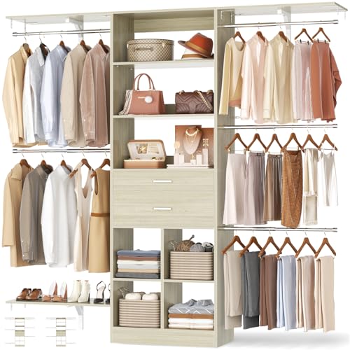 Small Closet System - 5FT Closet Organizer System with Wooden Drawers, 60 Inches Walk In Closet System With 5 Hanging Rods, Can Fit 1.58 to 6.8 FT with Reversible Hanging Shelving, Greige Oak - color: Greige Oak, size: 5FT