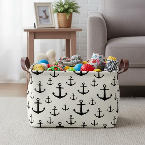 Anchor Storage Basket Waterproof Canvas Toy Storage Bin Home Anchor Decor Collapsible Outdoor Basket with Leather Handles Nautical Decor Blanket Baskets For Closets,Bedrooms,Gifts Baskets - color: Anchor
