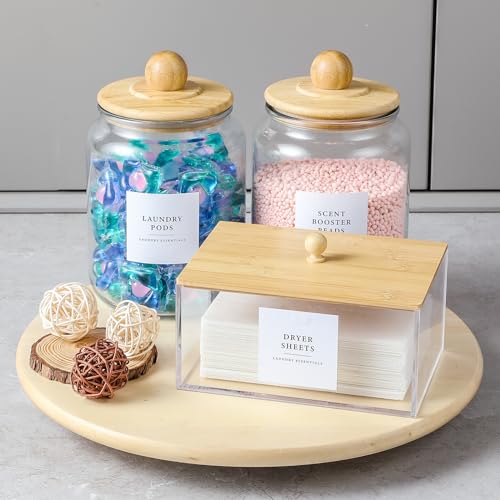 Glass Jars and Dryer Sheet Holder with Bamboo Lids, Dispenser Set and Labels, Containers for Laundry Room Organization and Storage, Half Gallon Airtight jars, Acrylic Storage Box for Laundry supplies - color: Bamboo