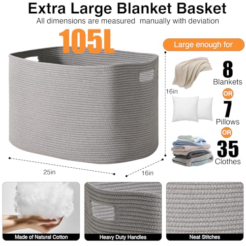 ICERZCZ Large Grey Storage Basket, Blanket Baskets for Living Room, Large Toy Basket for Storage, Woven Cotton Rope Baskets for Blankets, Clothes, Shoes, Books, Grey, 25”x16”x16” (105L) - color: Grey, size: 25”x16”x16”