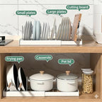 OMIO Expandable Pots and Pans Organizer Rack Under Cabinet, 12"-22" Adjustable Lid Holder with 7 Stainless Steel Dividers, White ABS Kitchen Storage for Lids, Pans, Cutting Boards - color: White Gray